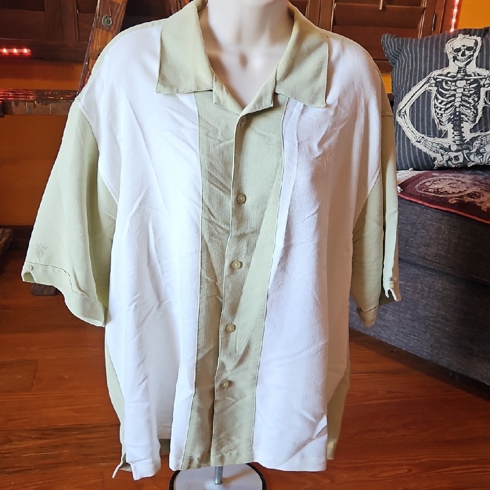 Cubavera Two-Tone Short-Sleeve Shirt Jacket in Light Green & White